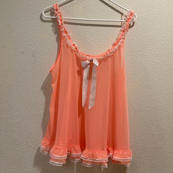 Victoria's Secret Vintage Coral Ruffle Front Bow Sheer Babydoll Slip Dress Sz L - Picture 1 of 5